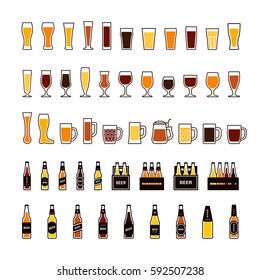 Beer color icons set, glasses and bottles. Vector