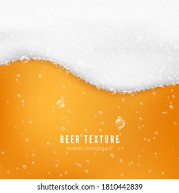 Beer color texture with bubbles and white foam. Fresh cold beer flow banner. Vector illustration