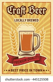 Beer colored poster with mug of beer and red ribbon premium quality vector illustration