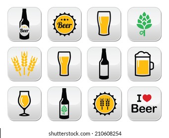 Beer colorful vector buttons set - bottle, glass, pint