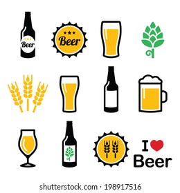 Beer colorful vector icons set - bottle, glass, pint  