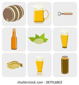 Beer colorful vector icons set - bottle, glass opener, beer snack. vector illustration.