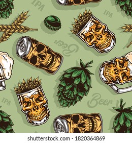 Beer colorful vintage seamless pattern with hop cone aluminum can mug and glass of wheat ears in skull shapes vector illustration