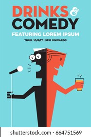 Beer and Comedy Concept. Stand up Comedy Poster with Text box Template. A guy holding mic. A guy holding beer glass. Vector Illustration. EPS 10