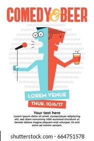 Beer and Comedy Concept. Stand up Comedy Poster with Text box Template. A guy holding mic. A guy holding beer glass. Vector Illustration. EPS 10