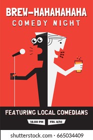 Beer and Comedy Concept. Stand up Comedy Poster with Textbox Template. A guy holding mic. A guy holding beer glass. Vector Illustration. EPS 10