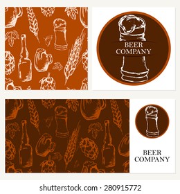 Beer company. Retro card, envelope. Restaurant theme. Business cards collection. Vector illustration.
