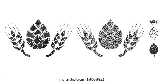 Beer components icon composition of ragged items in various sizes and color tinges, based on beer components icon. Vector bumpy items are organized into illustration.