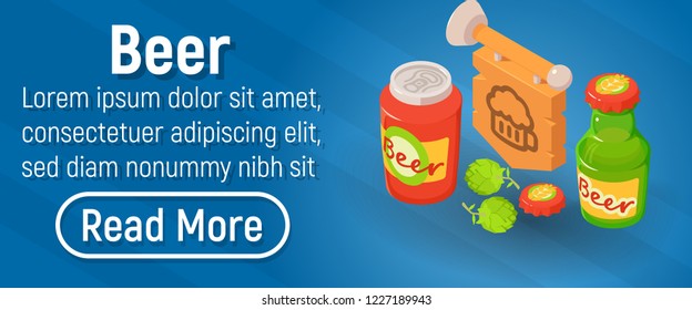 Beer concept banner. Isometric banner of beer vector concept for web, giftcard and postcard