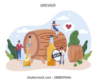 Concepto de cerveza. Producción de cerveza artesanal, proceso de elaboración. depósito de cerveza de barril, taza de cosecha y botella llena de alcohol. Menú de bar o pub. Ilustración vectorial plana aislada