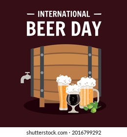 Beer concept design. Wood barrel,  beer glasses, hop. Vector illustration beer day.