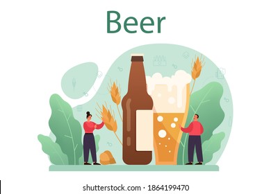 Beer concept. Glass bottle and vintage mug with craft alcohol drink. Bar or pub menu. Isolated flat vector illustration