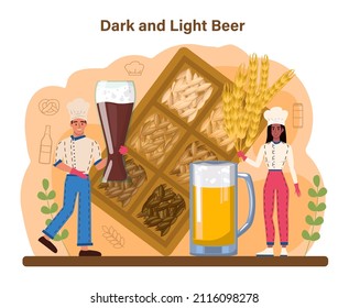 Beer concept. Glass bottle and vintage mug with dark or light alcohol drink. Lager, ale, porter craft beer production. Bar or pub menu. Flat vector illustration