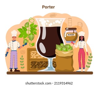 Beer concept. Glass bottle and vintage mug with dark or light, filtered or infiltered alcohol drink. Porter craft beer production. Bar or pub menu. Flat vector illustration