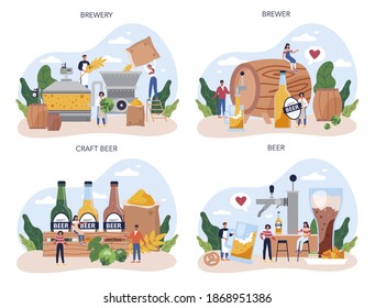 Conjunto de concepto de cerveza. Producción de cerveza artesanal, proceso de elaboración. depósito de cerveza de barril, taza de cosecha y botella llena de alcohol. Menú de bar o pub. Ilustración vectorial plana aislada