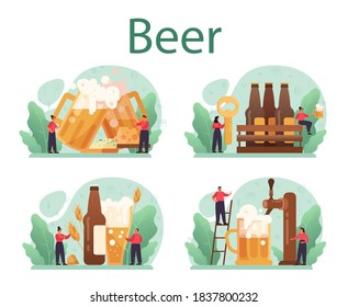 Conjunto de concepto de cerveza. Botella de vidrio y jarra vintage con alcohol artesanal. Menú de bar o pub. Ilustración vectorial plana aislada