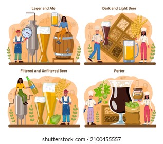 Beer concept set. Glass bottle and vintage mug with dark or light, filtered or infiltered alcohol drink. Lager, ale, porter craft beer production. Bar or pub menu. Flat vector illustration