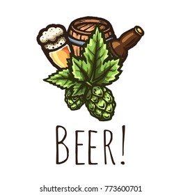 Beer conceptual logo. Set of hand drawn cartoon stylised illustrations on a beer subject. 