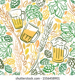 Beer, cone of hop, grain. Vector real seamless pattern. Alcohol drink in mug, ears of wheat. Graphic sketch illustration on white background. Texture abstract print for brewery, bar
