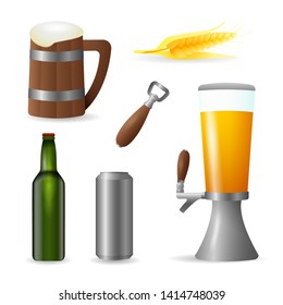 Beer containers colorful illustration set. Bottle, mug, tin can and tower. Beer concept. Realistic vector illustration can be used for topics like bar, pub, party