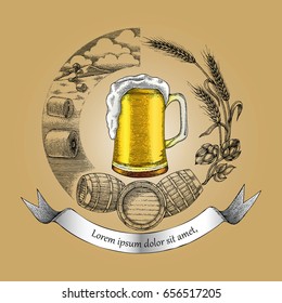 Beer Craft Concept Logo, Hand Drawing Vintage Style. Process Of Craft Beer