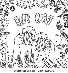 Beer craft graphic poster with  hands holding glasses of foam drink, brewing ingredients, keg and pretzel.Beer festival banner with brewery design elements and lettering.Linear  vector illustration. 