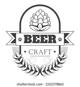 Beer craft logo for brewpub, brewery, pub, bar, vintage style with grain and stars icon. Quality alcohol beverage brewing premises or bar. Graphic vector illustration with text on white background.