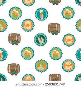 Beer craft seamless pattern with bottle cap.Funny cartoon background with brewing ingredients, hands with beer glasses, barrel,handwritten.Print on fabric and paper.Vector flat illustration on white.