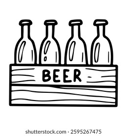 Beer crate. Hand drawn doodle. Wooden container. Glass bottle. Alcoholic malt drink. Intoxicating beverage. Vector line art illustration.