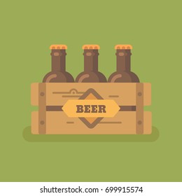 Beer crate with three beer bottles flat illustration