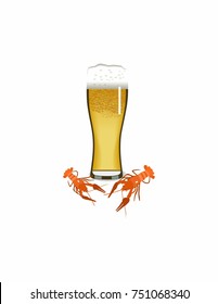 Beer and crawfish on a white background