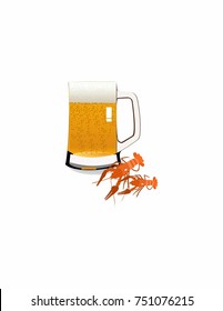 Beer and crawfish on a white background