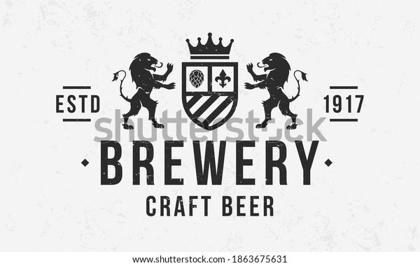 Beer Crest. Craft Beer vintage logo. Brewery\
logo with heraldic lions and grain texture. Trendy hipster design.\
Logo, Poster for pub, restaurant, steak house, beer house. Vector\
illustration