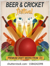 Beer And Cricket festival poster.Sport bar concept with Beer in glass cup and Cricket elements.