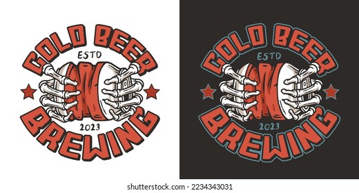 Beer crumpled can in bone hand for drink shop or old brewery. Craft beer vector logo or emblem with skeleton and metal tin for label design of bar and pub.