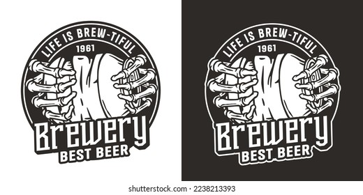 Beer crumpled can in bone hand for drink shop or old brewery. Craft beer vector logo or emblem with skeleton and metal tin for label design of bar and pub.