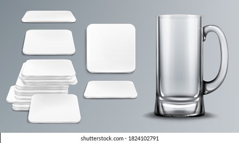 Beer cup and coasters. Empty glass tankard and blank cardboard mats for mug of square shape. Beermat, bierdeckel in top and different angles view isolated on grey background realistic 3d vector mockup