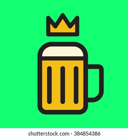 Beer cup with crown. King beer, king size icon flat vector on bright background. 