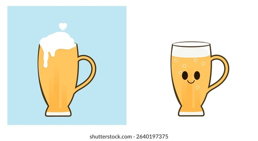 Beer cup with heart shape foam on blue background and beer cup cartoon with happy face icon sign isolated on white background vector.