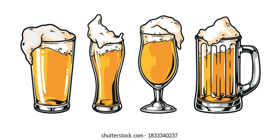 Beer cup mug and glasses set full of foamy fresh drink in vintage style isolated vector illustration