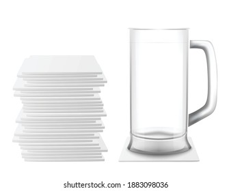 Beer cup near stack of square coasters. Blank glass tankard and white cardboard mats. Mockups for place advertisement. Vector realistic 3d illustration isolated on white background