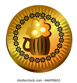 Beer cup on circle golden medallion or coin vector icon. Creative concept illustration for web, label for drink, golden medal, craft beer sign, gilt beer icon with flower wreath and sunburst decor.