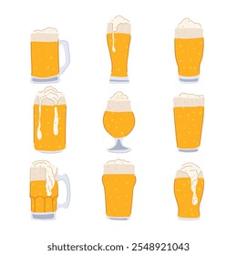 xícara de cerveja definir desenho animado. vidro caneca, metal plástico, lidar com espuma de cerveja xícara de cerveja sinal.