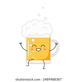 Cerveza lindo personaje de dibujos animados saludando cara sonriente alegre kawaii alegría feliz emociones icono Ilustración vectorial.