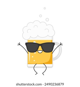 Cerveza lindo personaje de dibujos animados saltando saludo sonriente gafas de sol cara alegre kawaii feliz emociones icono Ilustración vectorial.