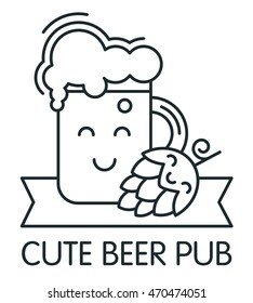 Beer cute pub outline logo. Beer glass, cone hop, ribbon. For bar, pub, restaurant.