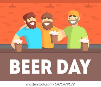 Beer Day Banner Template, Friends Having Fun and Drinking Beer in Pub Together Vector Illustration