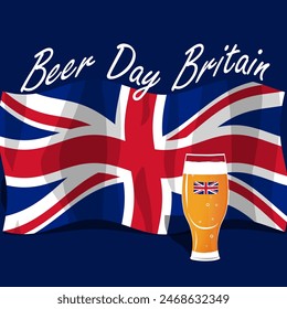 Beer Day Britain event banner. A glass of fresh beer with a flying British flag on a dark blue background to celebrate on June 15th