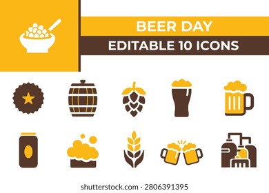 Beer Day editable 10 icons set, brewery and craft beer flat vector symbols, yellow and brown alcohol beverage icons for pub menus and festivals