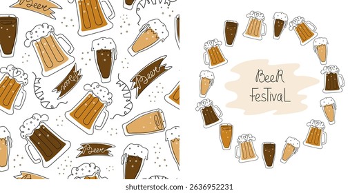 Beer day, festival, celebration. Pattern of beer mugs and glasses, line art. Frame, banner with hand lettering. Place for text. Calligraphy, contour drawing. October. Vector background.